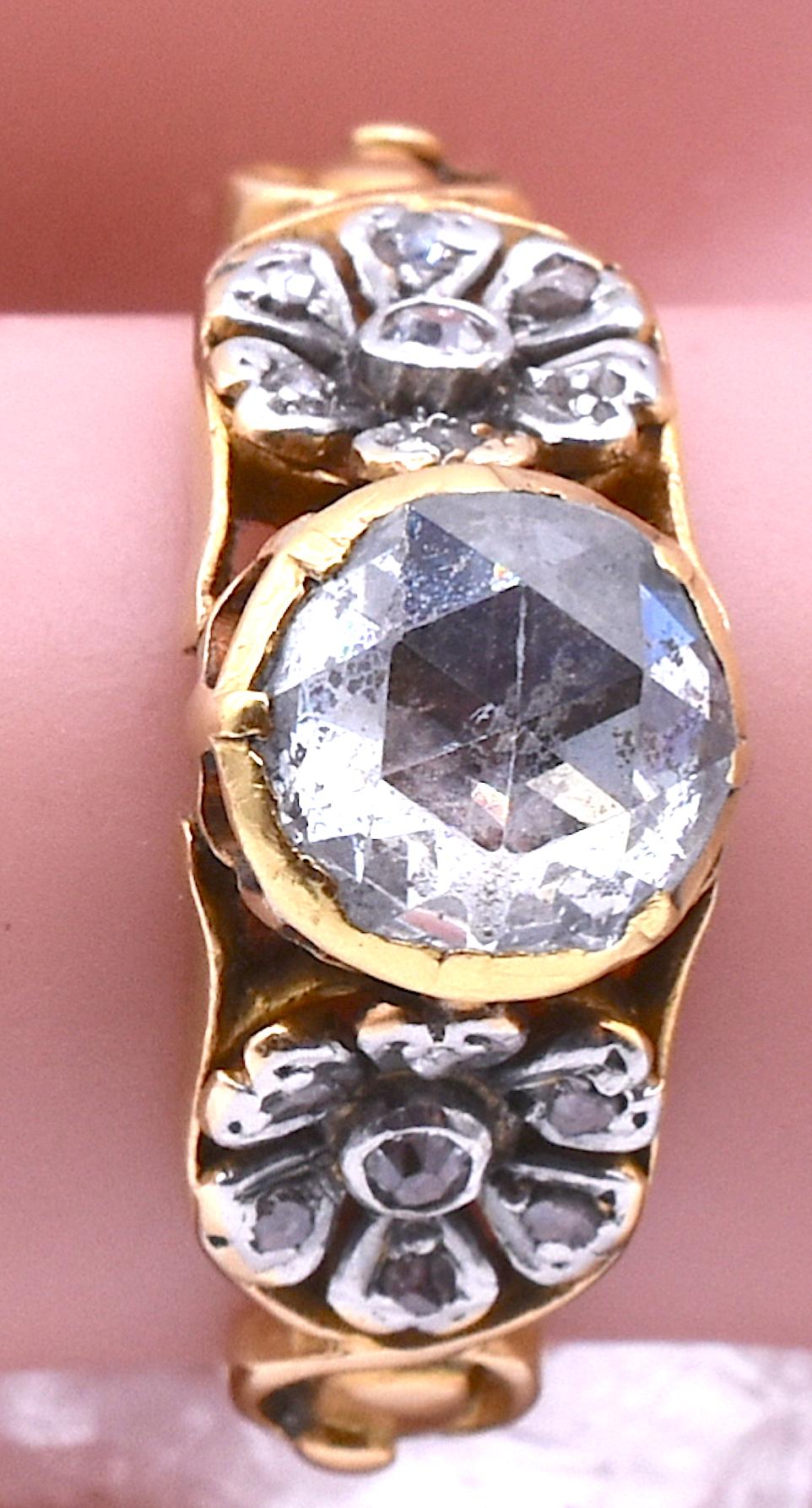 Victorian Antique Gold Rose Cut Diamond Ring with Platinum Floral Shoulders, C1895