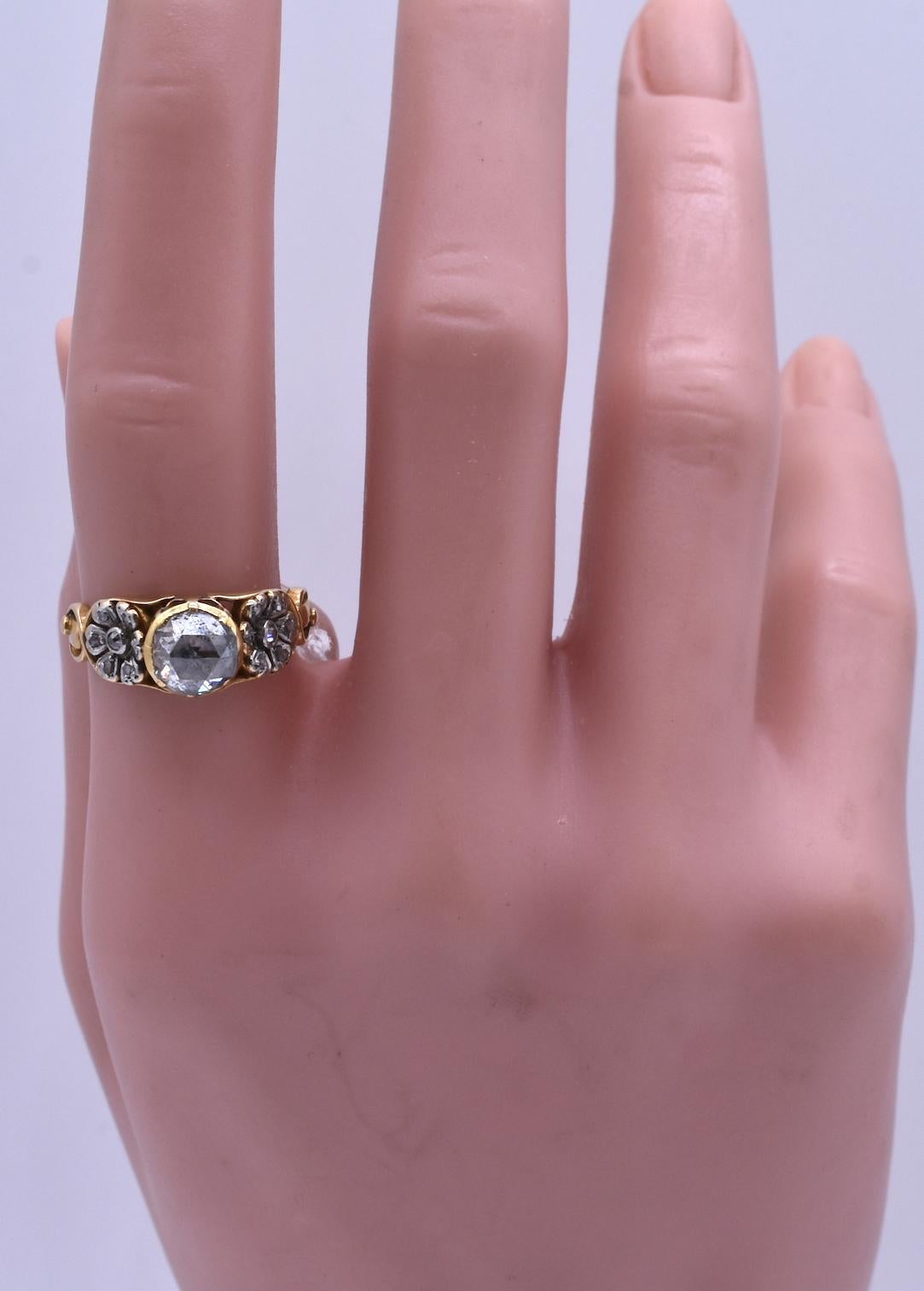 Antique Gold Rose Cut Diamond Ring with Platinum Floral Shoulders, C1895 5