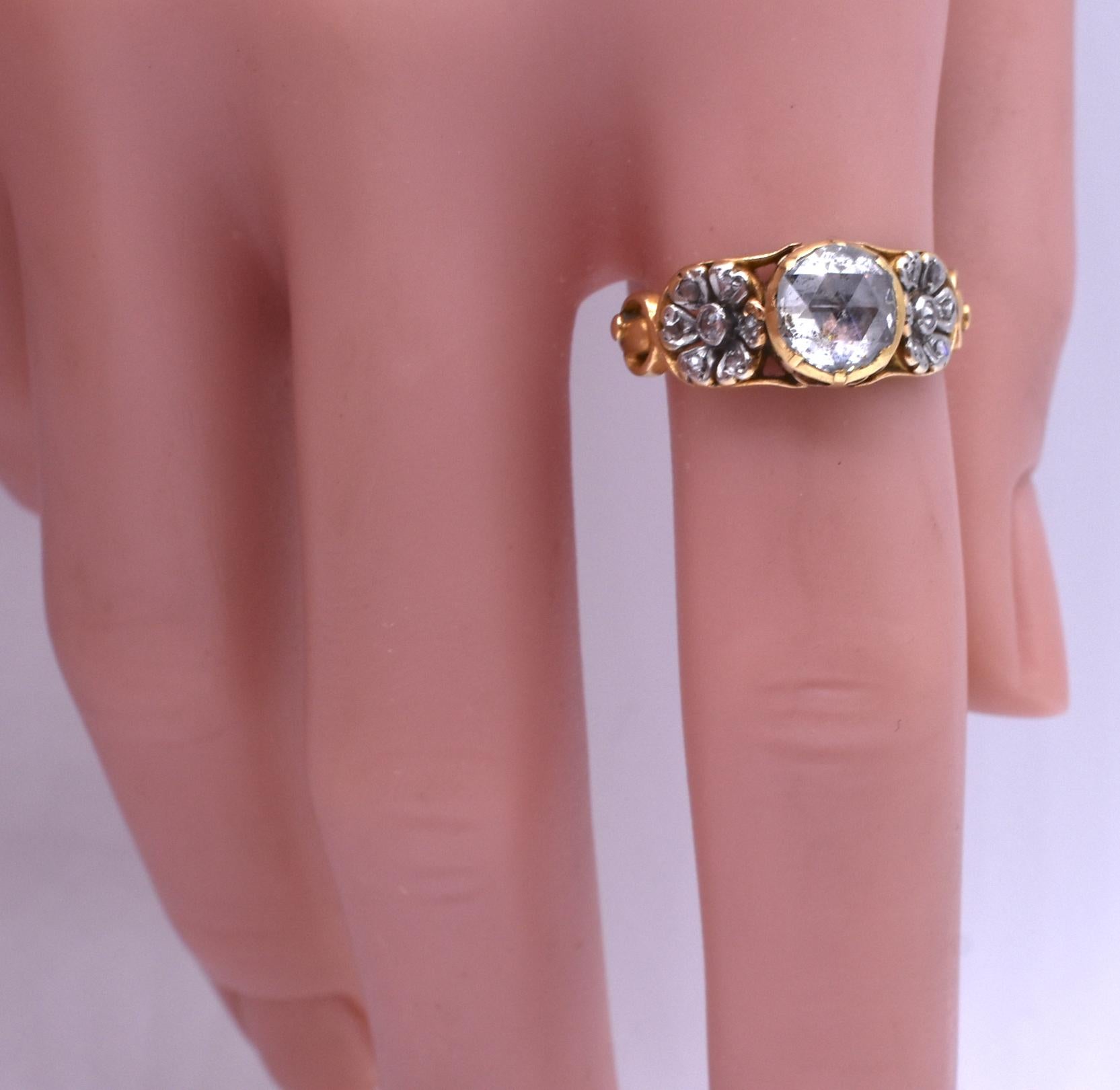 Antique Gold Rose Cut Diamond Ring with Platinum Floral Shoulders, C1895 2