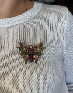 Antique Gold Diamond Ruby Emerald Pearl Butterfly Brooch