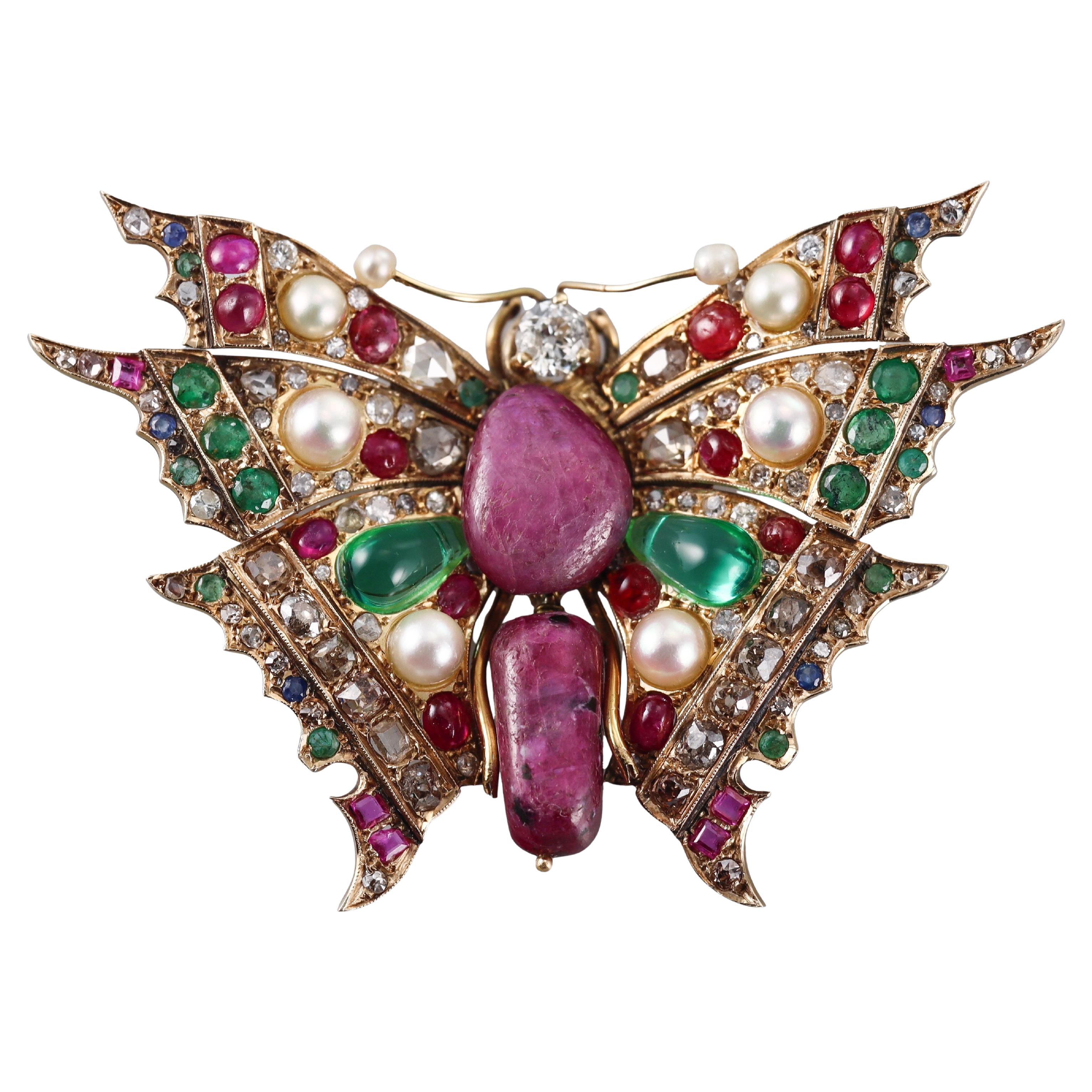 Antique Gold Diamond Ruby Emerald Pearl Butterfly Brooch