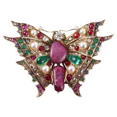 Broche Mariposa Oro Antiguo Diamante Rubí Esmeralda Perla