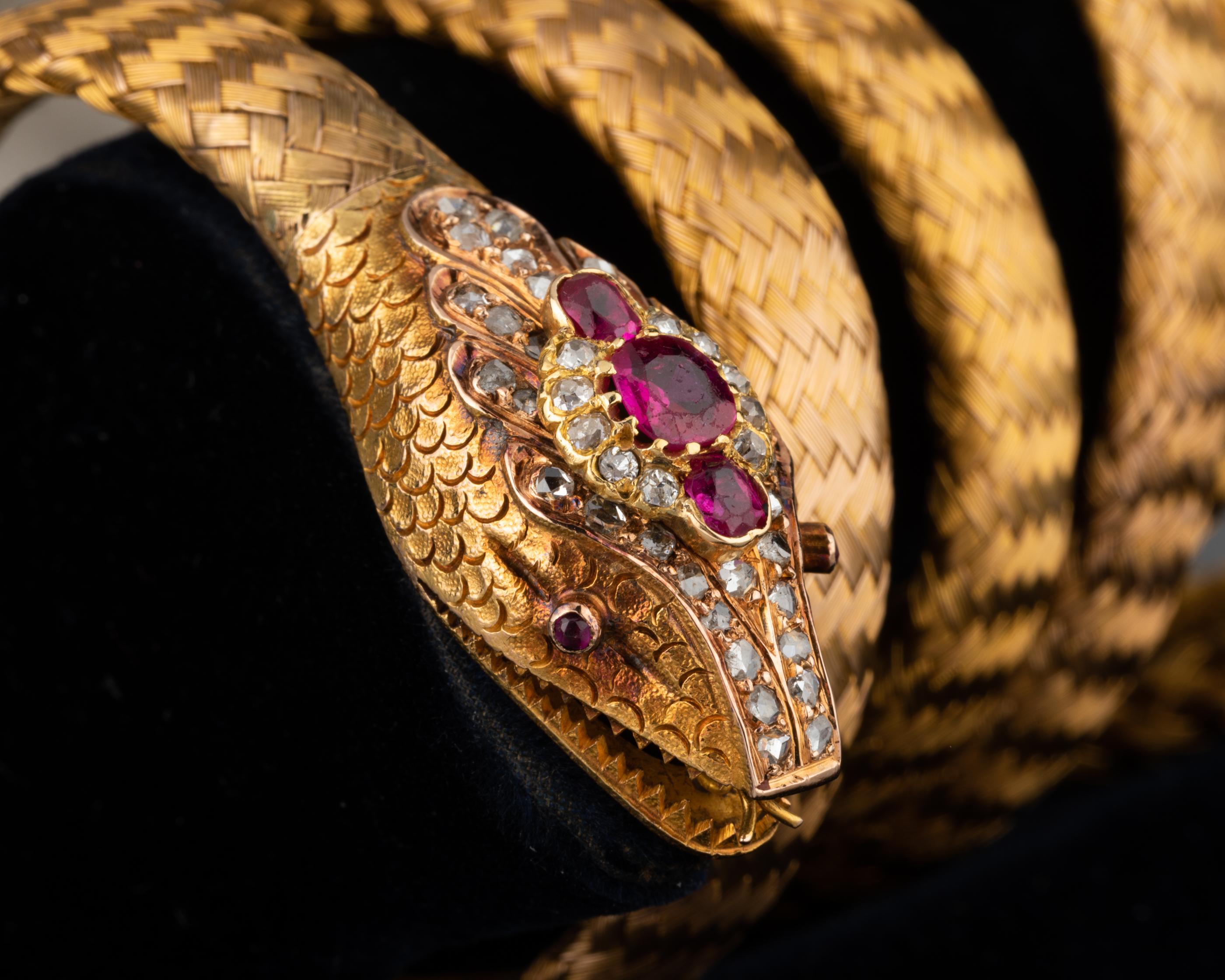 Antique Gold Diamonds and Rubies French Victorian Snake Bracelet 2
