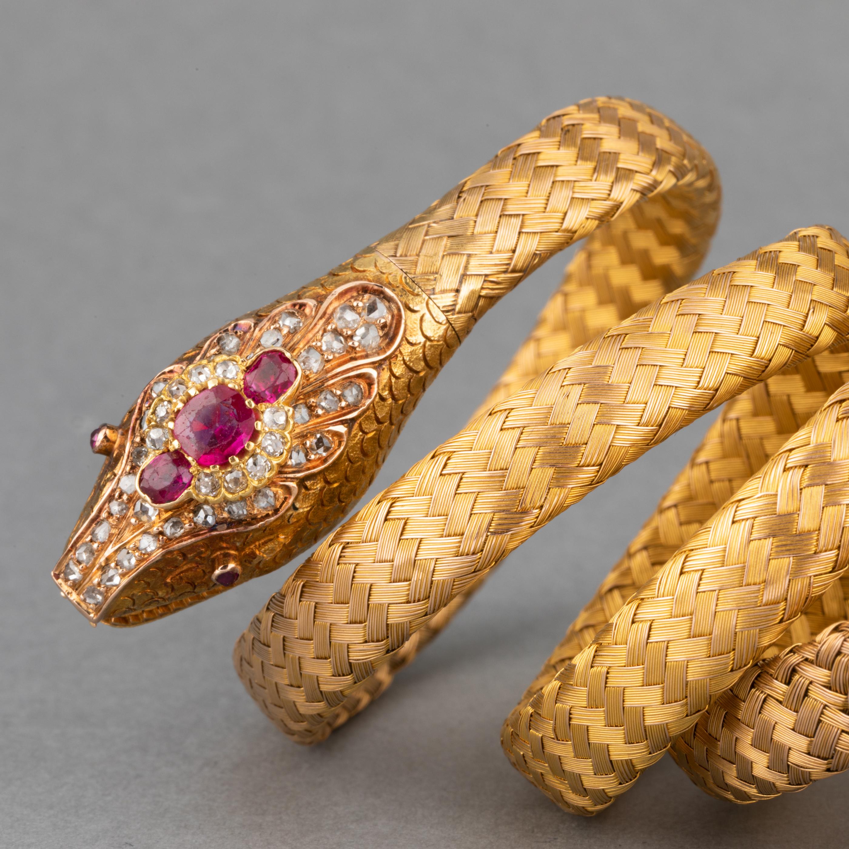 Antique Gold Diamonds and Rubies French Victorian Snake Bracelet 3