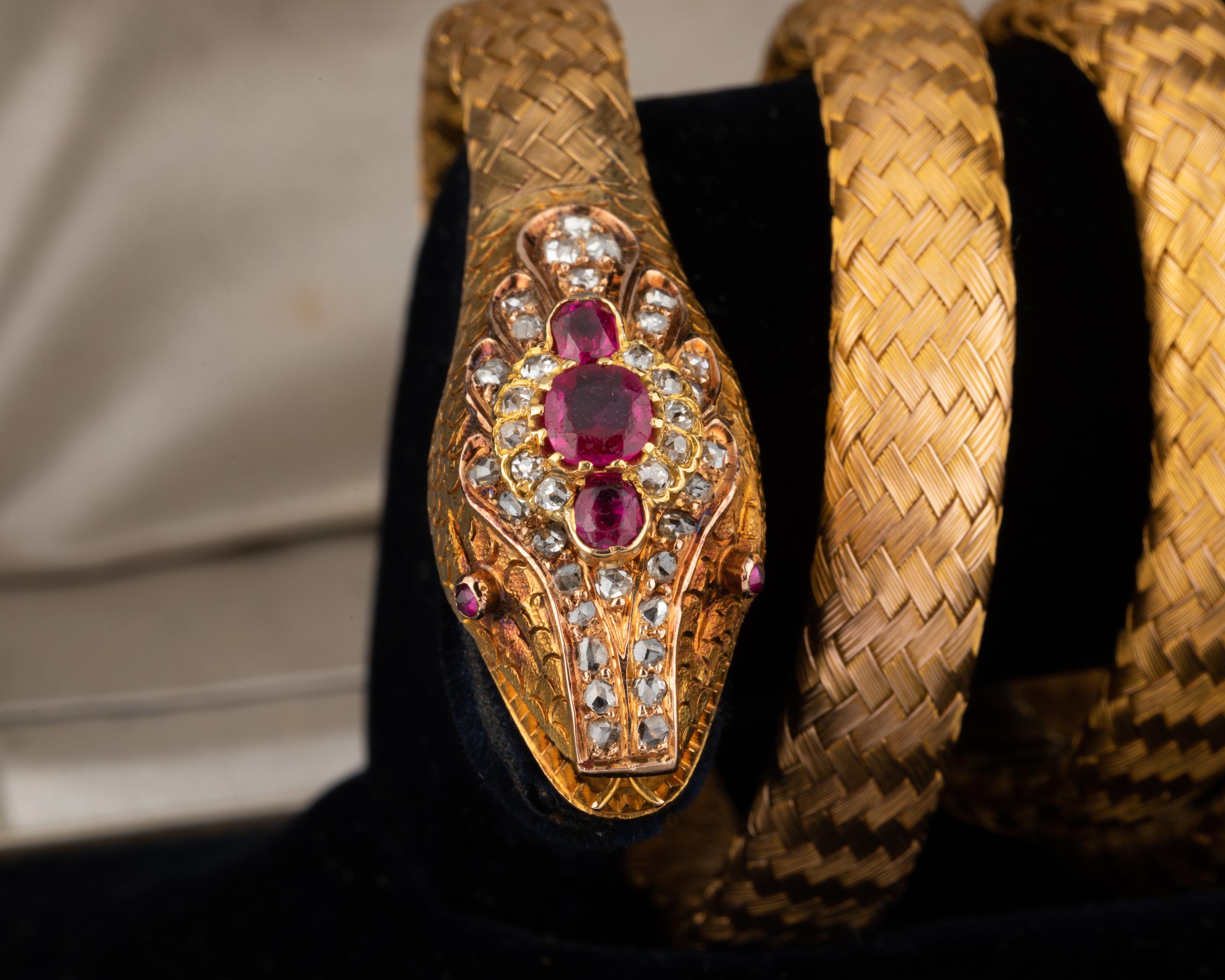 Antique Gold Diamonds and Rubies French Victorian Snake Bracelet 5