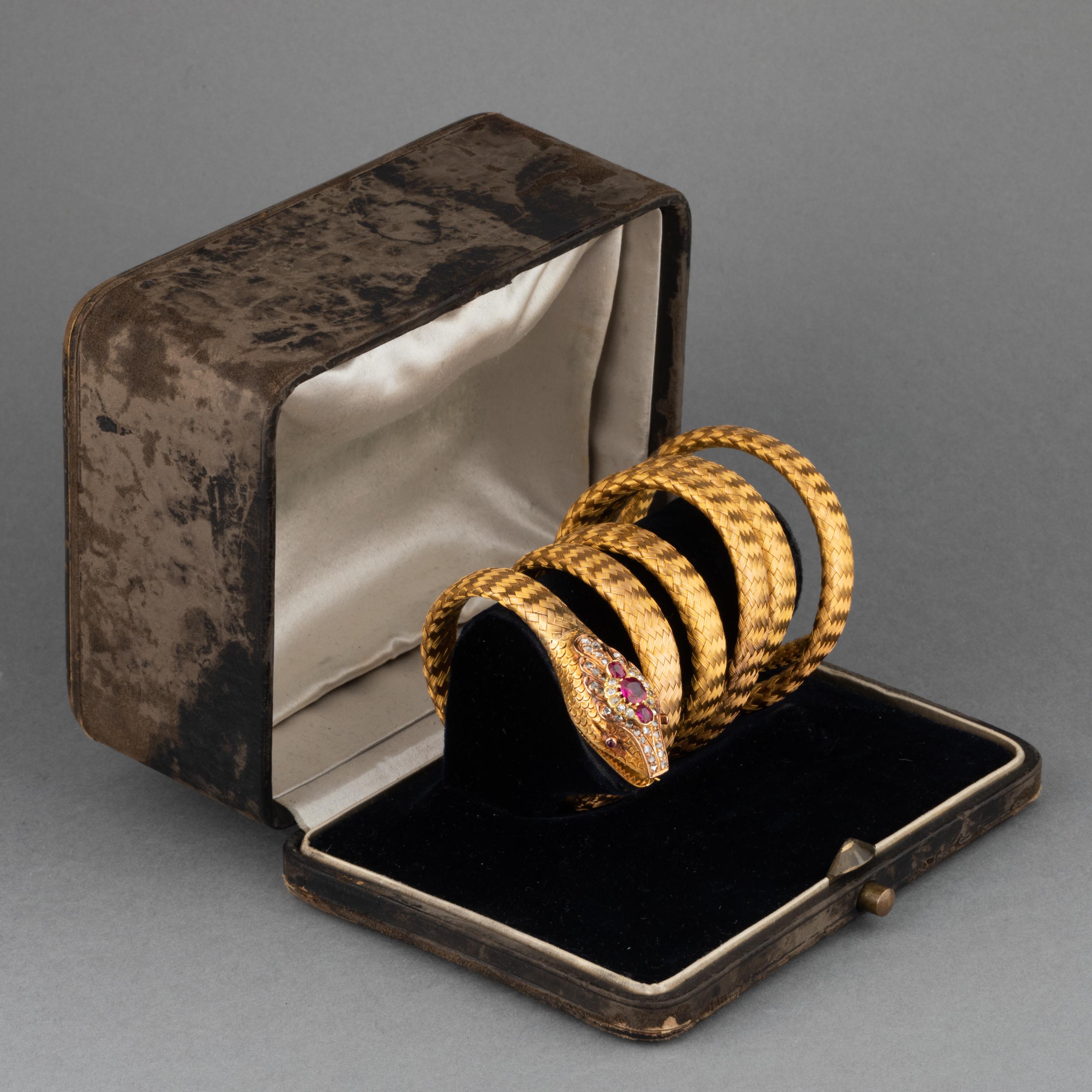Women's Antique Gold Diamonds and Rubies French Victorian Snake Bracelet