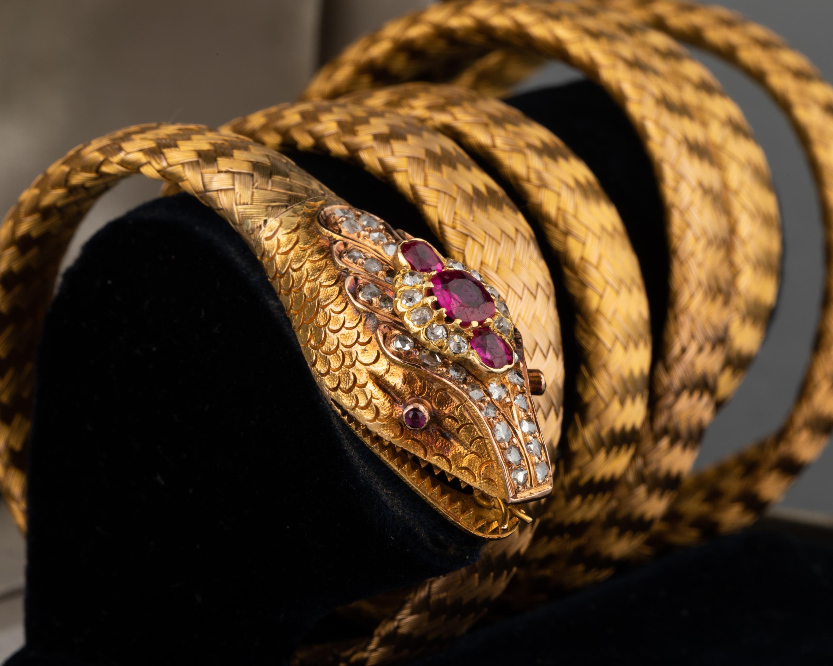 Antique Gold Diamonds and Rubies French Victorian Snake Bracelet 1