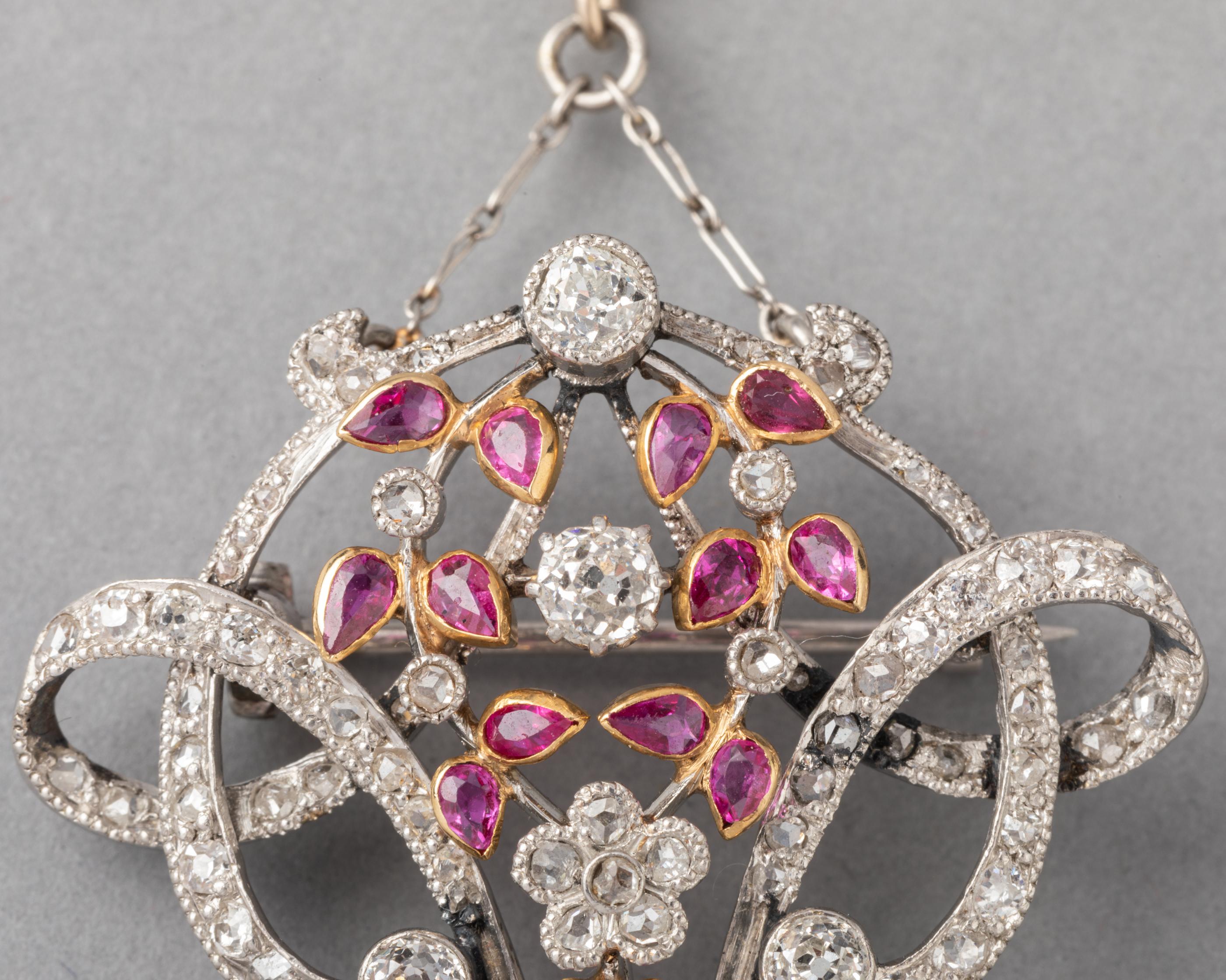 Old European Cut Antique Gold Diamonds and Rubies Pendant Necklace