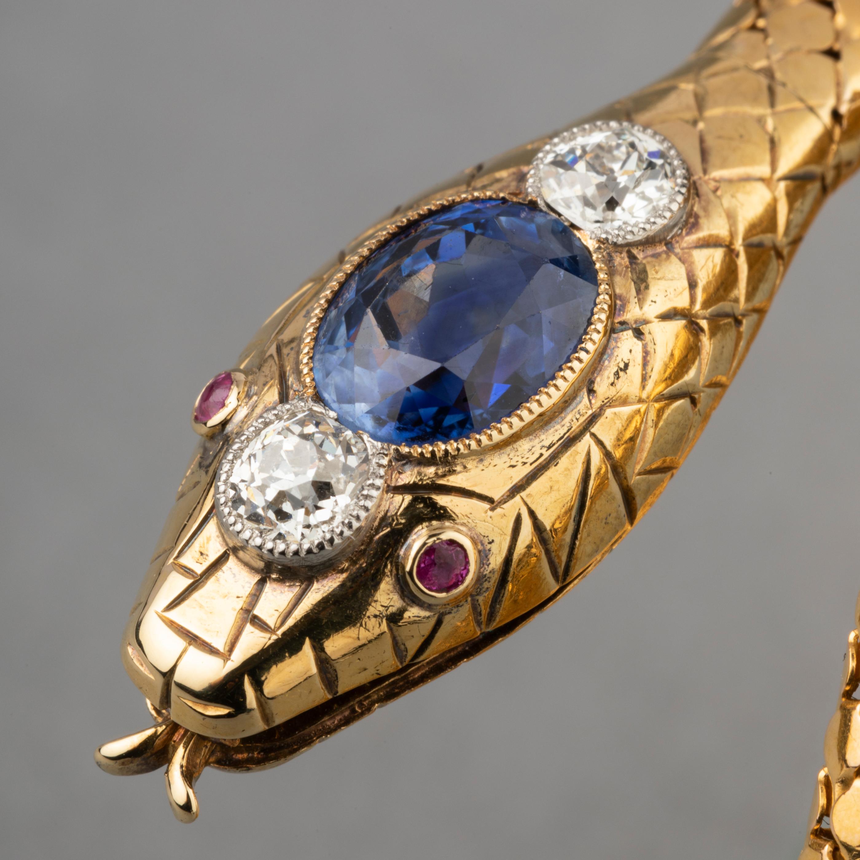 Antique Gold Diamonds and Sapphire French Snake Bracelet For Sale 6