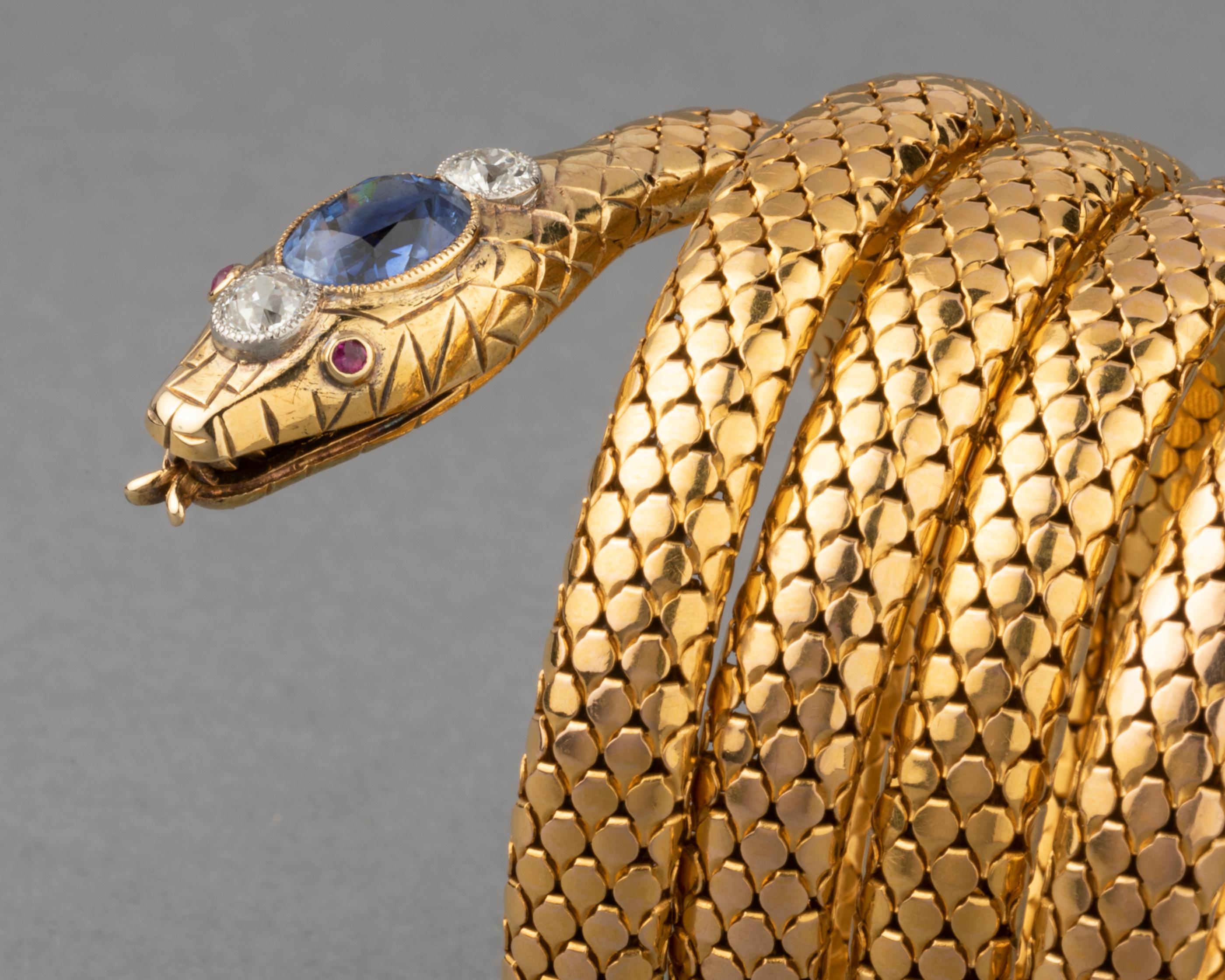 Antique Gold Diamonds and Sapphire French Snake Bracelet For Sale 7
