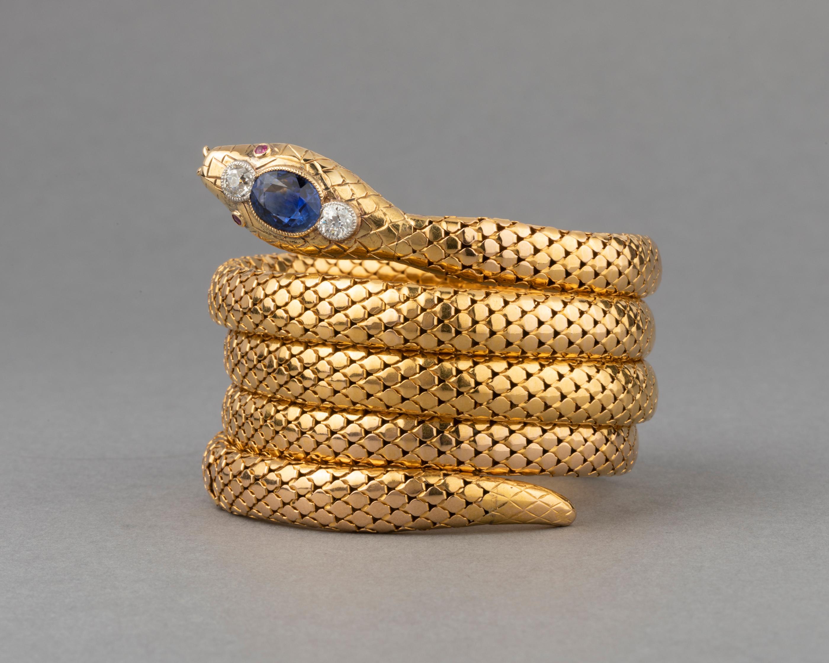 Women's Antique Gold Diamonds and Sapphire French Snake Bracelet For Sale