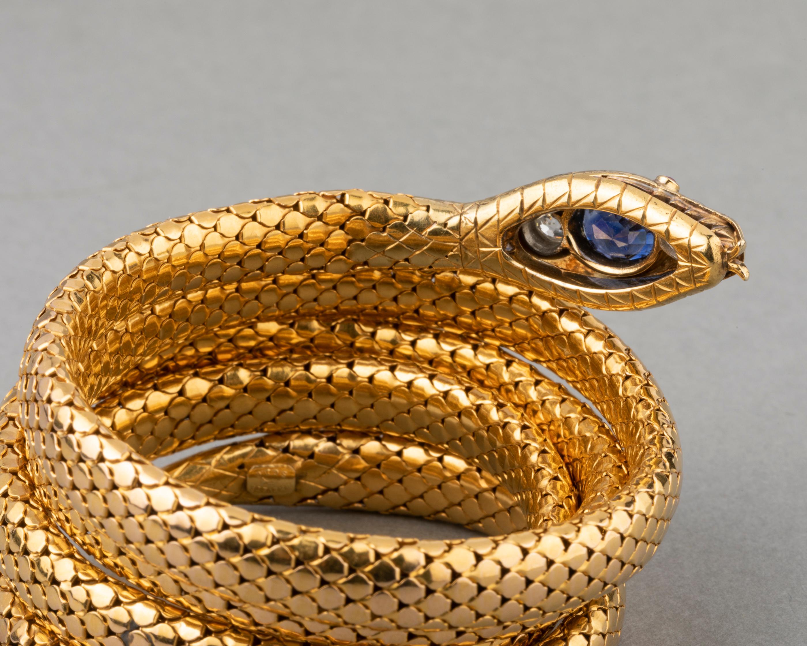 Antique Gold Diamonds and Sapphire French Snake Bracelet For Sale 2