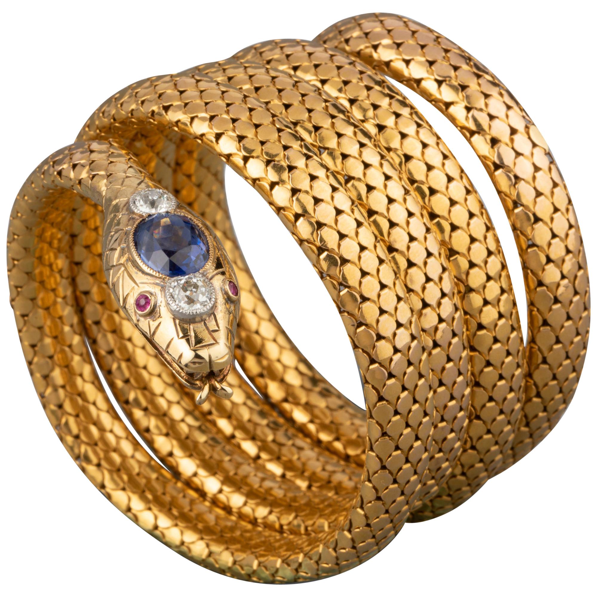 Antique Gold Diamonds and Sapphire French Snake Bracelet For Sale