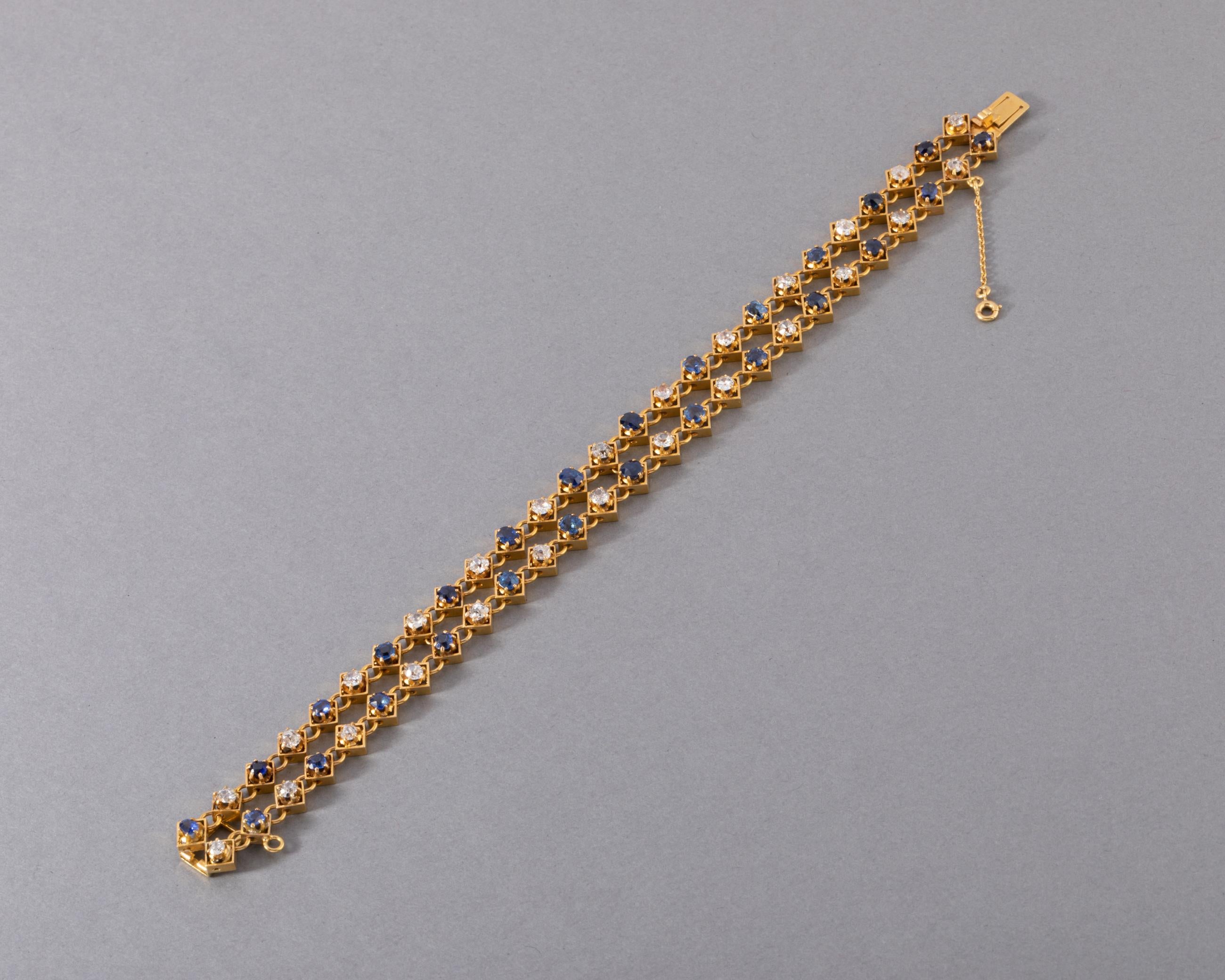 One very lovely antique bracelet, made in France circa 1900.
Made in yellow gold 18k and set with approximately 2.50 carats diamonds and 3 carats sapphires.
The length is 18.5 cm and the with 12mm.
Total weight: 23.50 grams