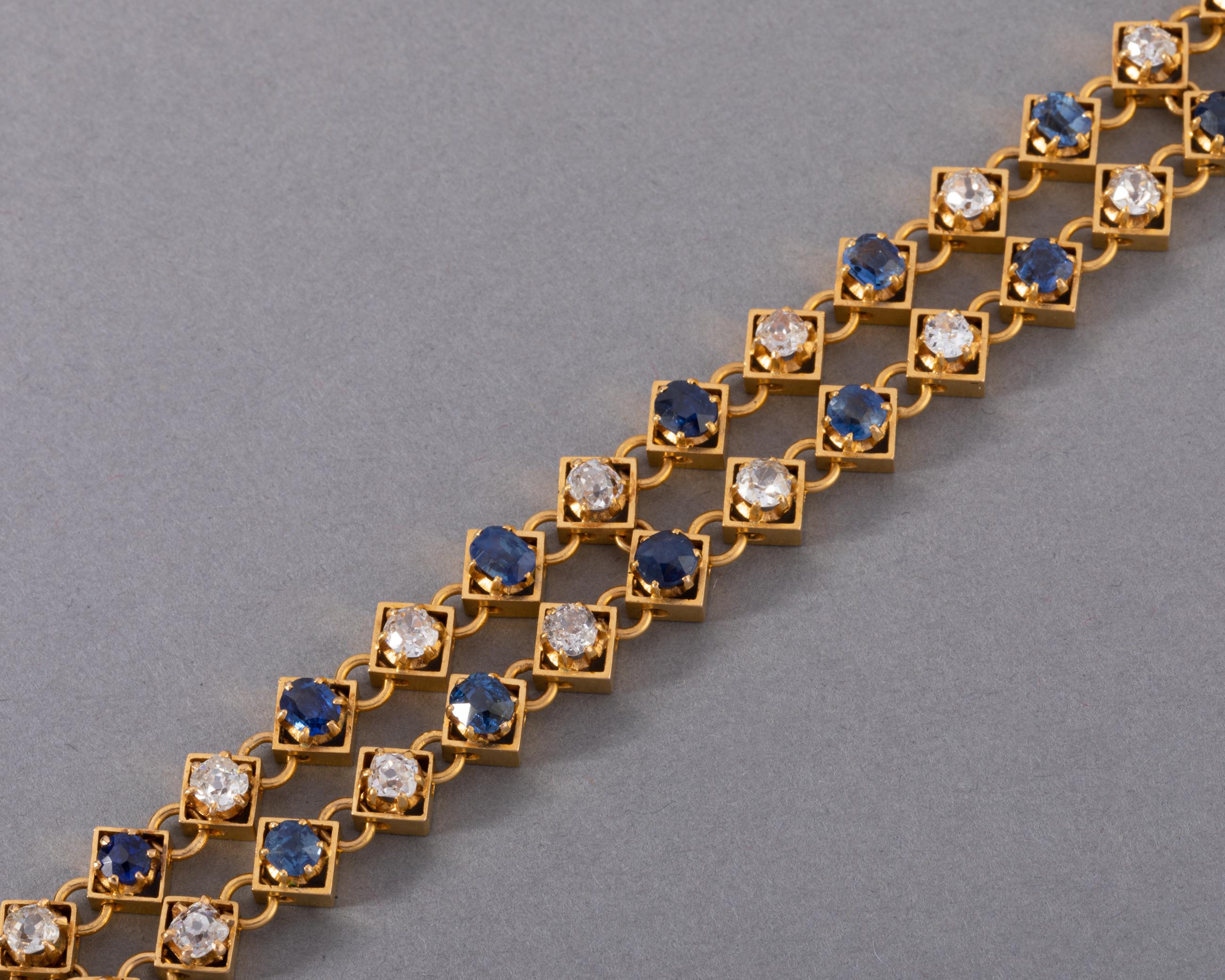 Old European Cut Antique Gold Diamonds and Sapphires French Bracelet For Sale