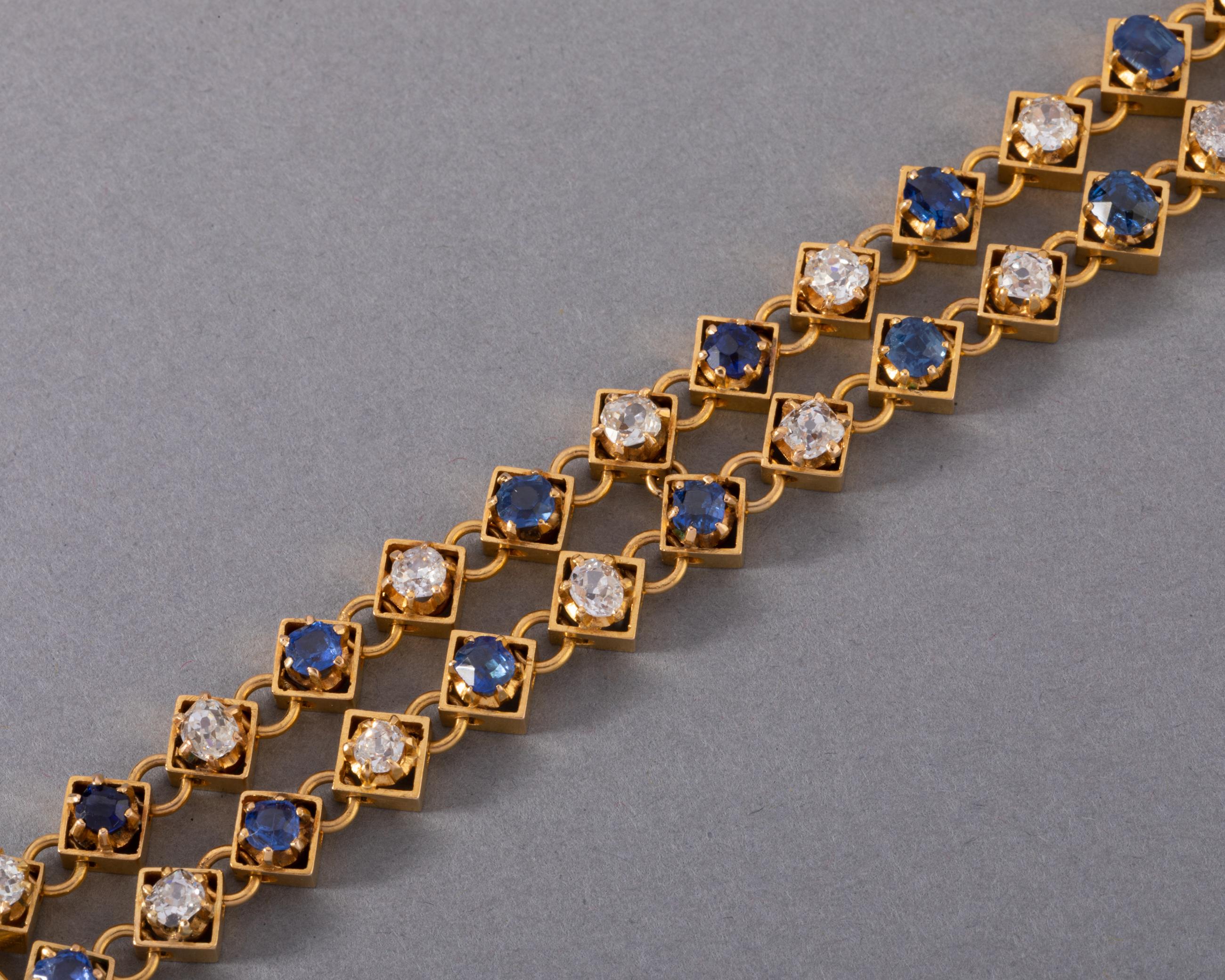 Antique Gold Diamonds and Sapphires French Bracelet In Good Condition For Sale In Saint-Ouen, FR