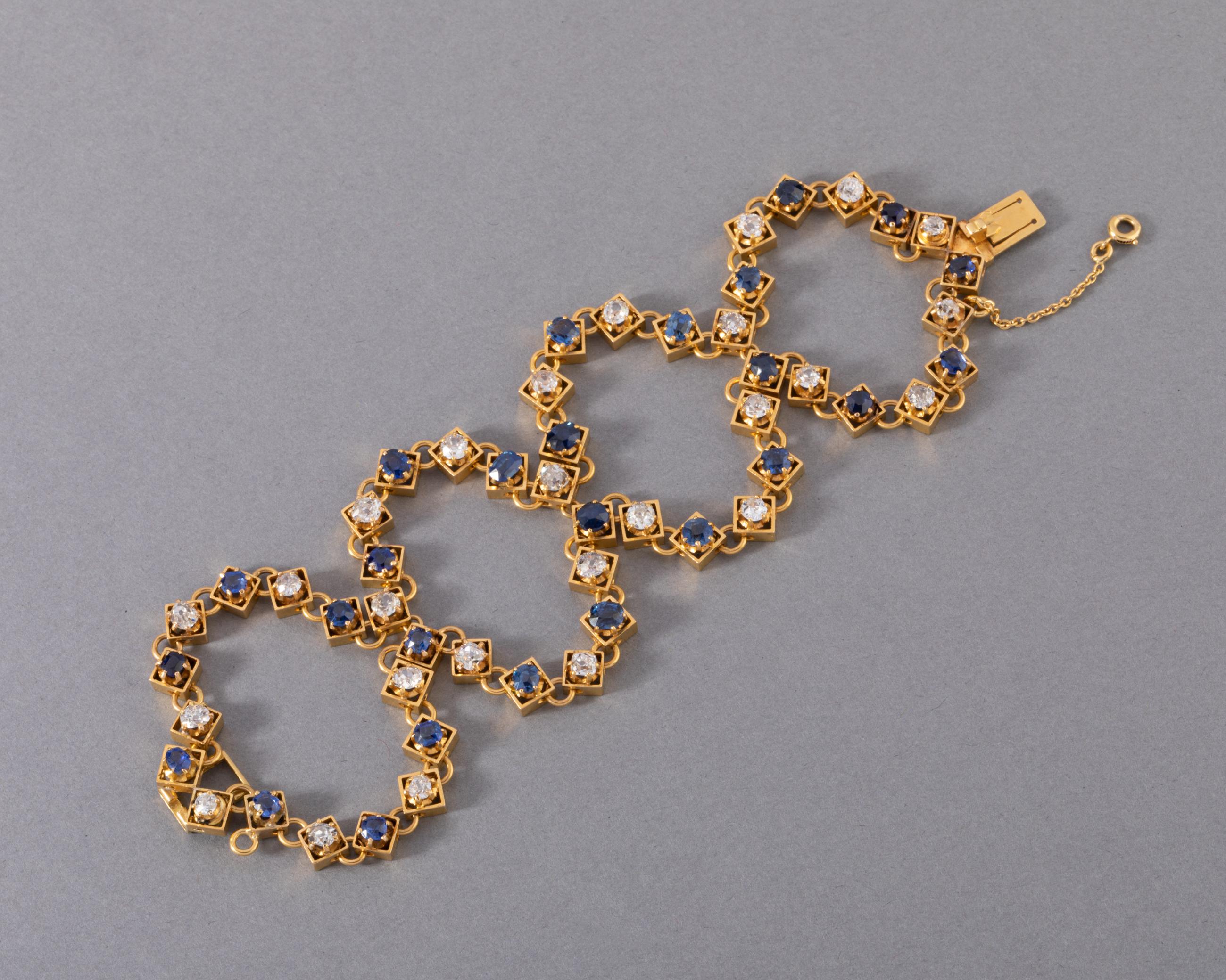 Women's Antique Gold Diamonds and Sapphires French Bracelet For Sale