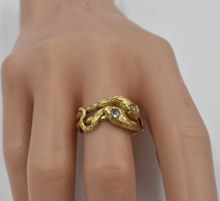 Antique Gold Double Snake Ring with Two Diamonds For Sale at 1stdibs