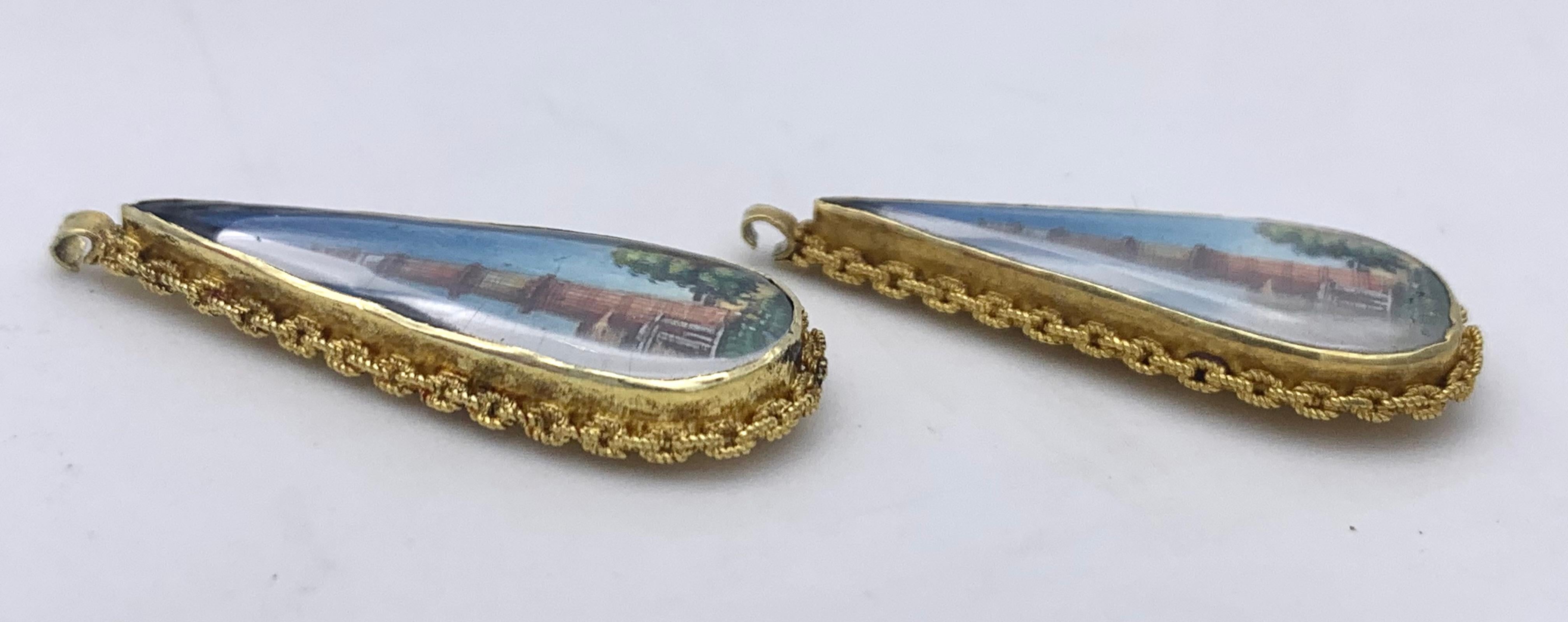 Regency Antique Gold Drop Earrings Indian Miniatures Paintings Gouache