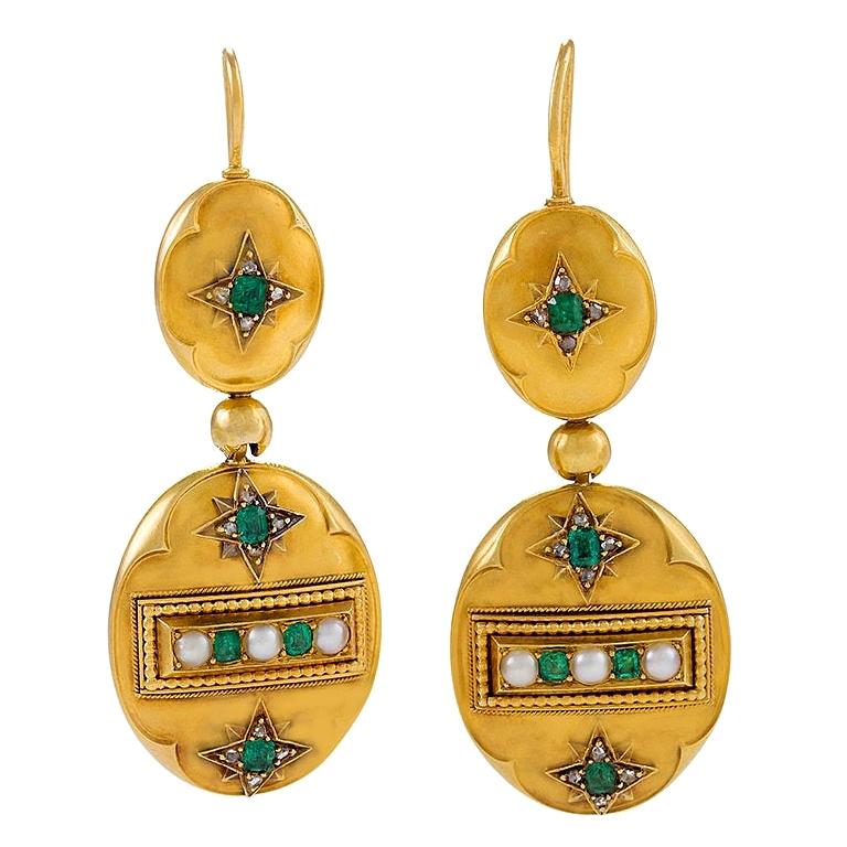 Antique Gold Drop Earrings with Emeralds, Diamonds and Pearls