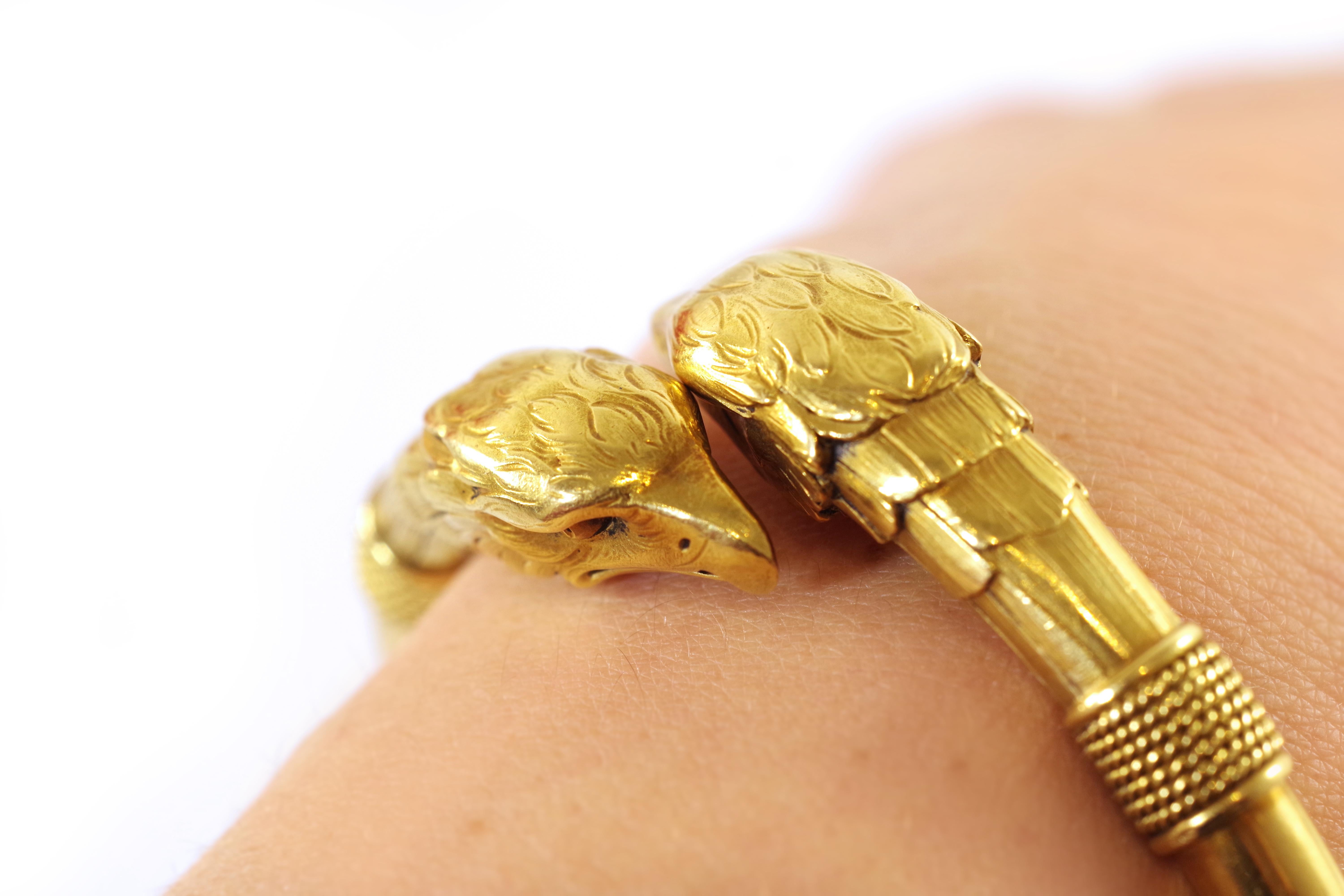 Women's or Men's Antique Gold Eagle Heads Bangle Bracelet, Victorian Solid Gold Bangle Bracelet