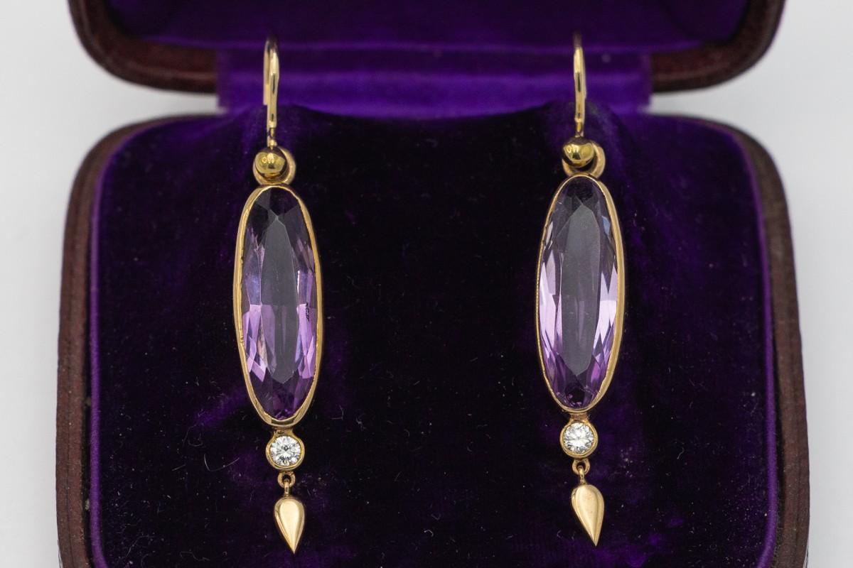 Brilliant Cut Antique gold earrings with amethysts and diamonds. For Sale