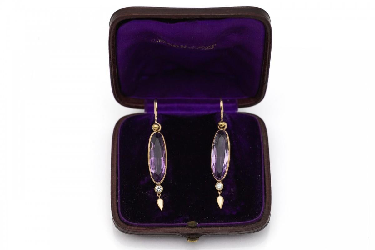 Women's or Men's Antique gold earrings with amethysts and diamonds. For Sale