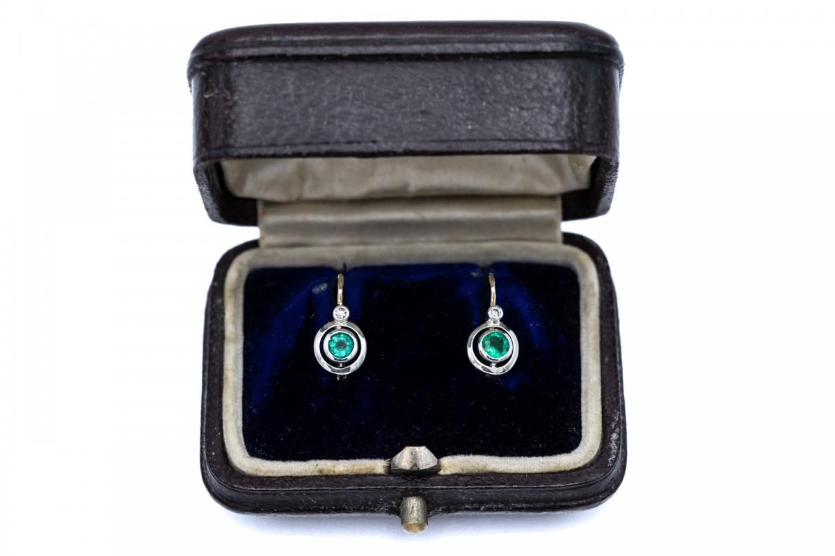 Art Deco Antique gold earrings with diamonds and emeralds, Austria-Hungary, circa 1930 For Sale