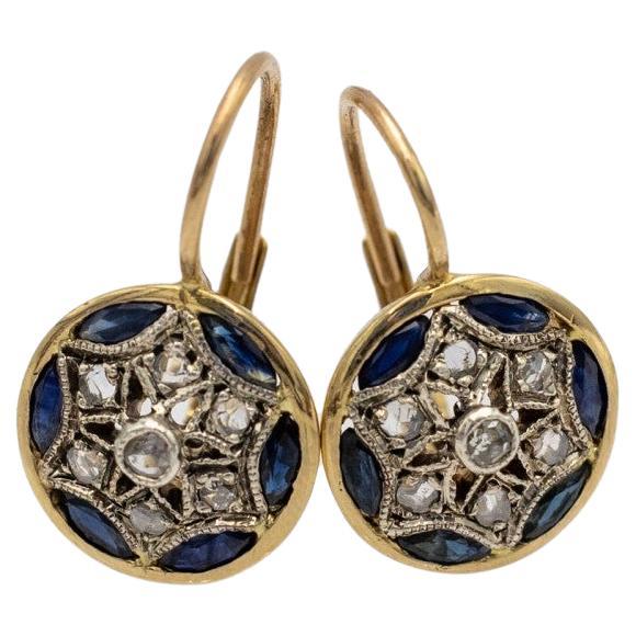 Antique gold earrings with diamonds and sapphires, 1940s. For Sale