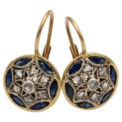 Antique gold earrings with diamonds and sapphires, 1940s.