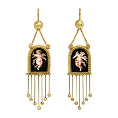 Antique Gold Earrings with Painted Cupids on Porcelain and Pendant Fringe