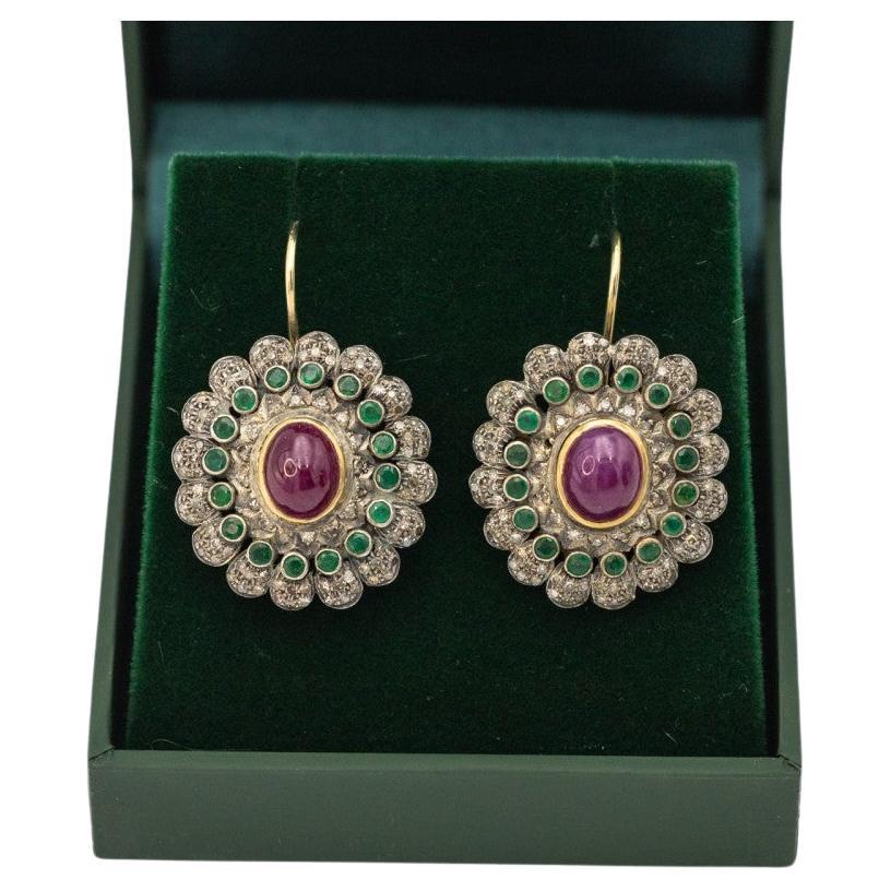 Antique gold earrings with rubies, emeralds and diamonds. For Sale