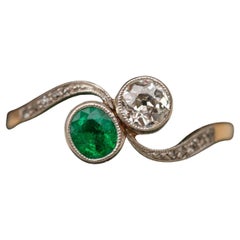 Antique Gold Emerald and Diamond Cluster Ring Edwardian Vintage Engagement