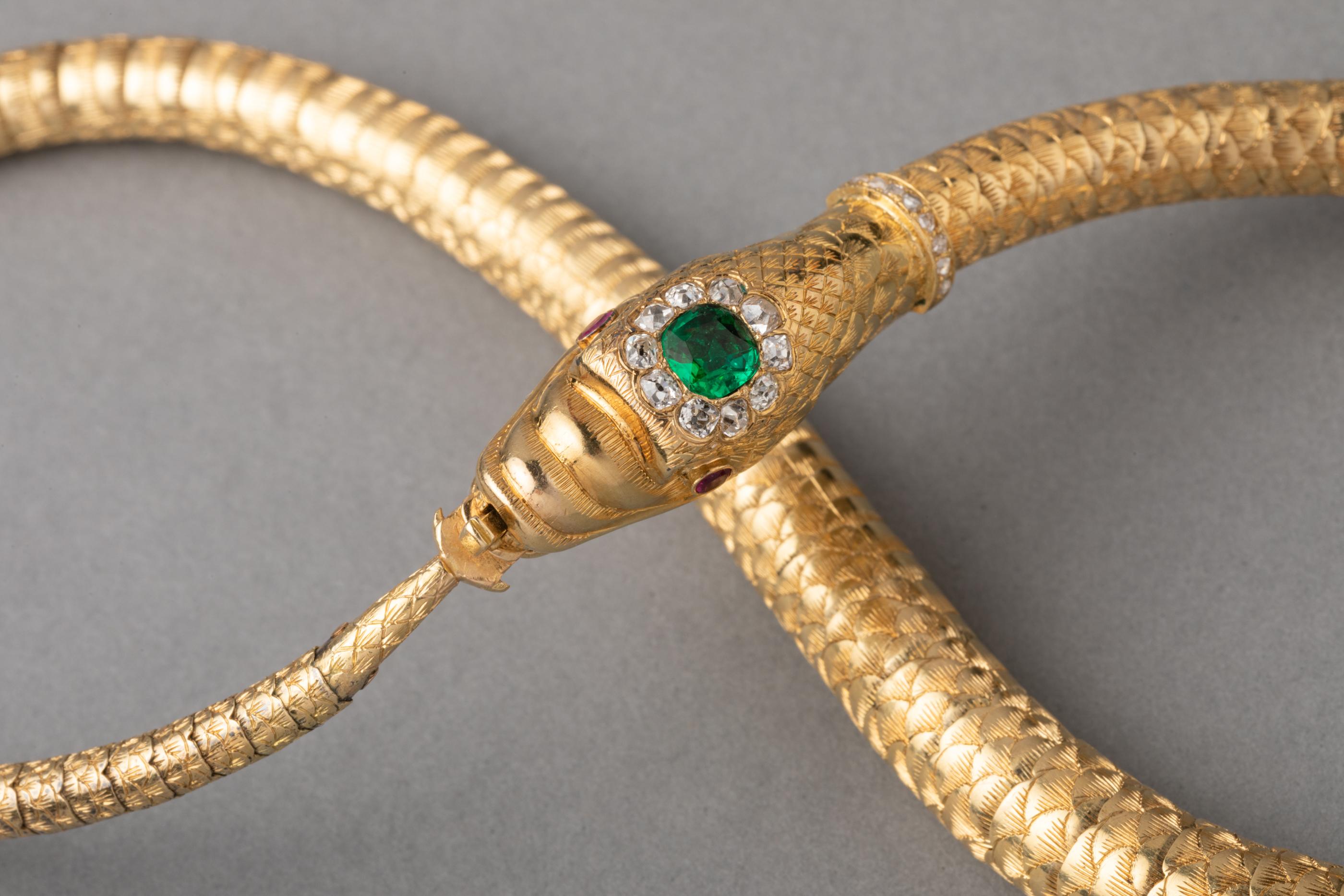 Women's Antique Gold Emerald and Diamonds Snake Necklace