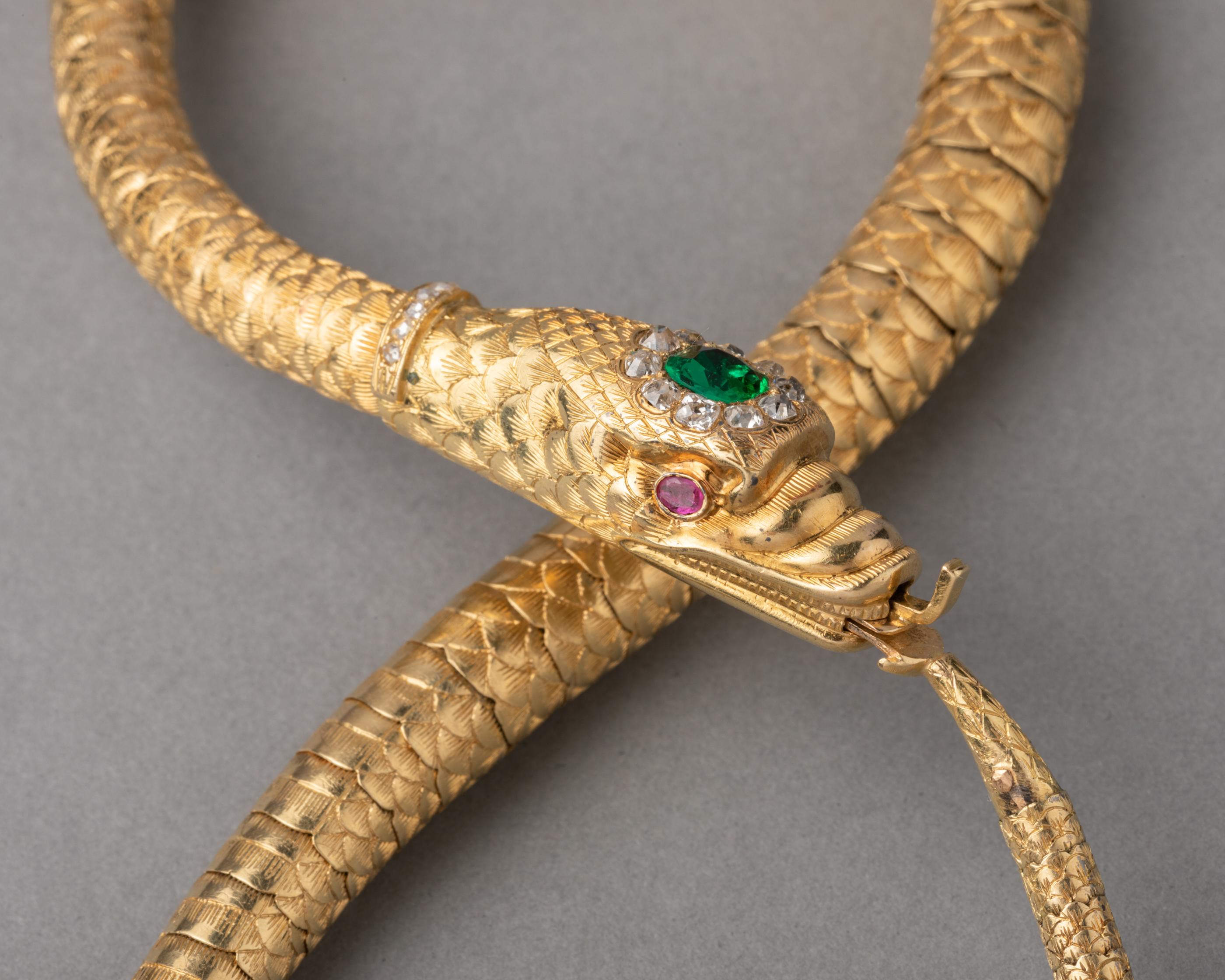 Antique Gold Emerald and Diamonds Snake Necklace 1