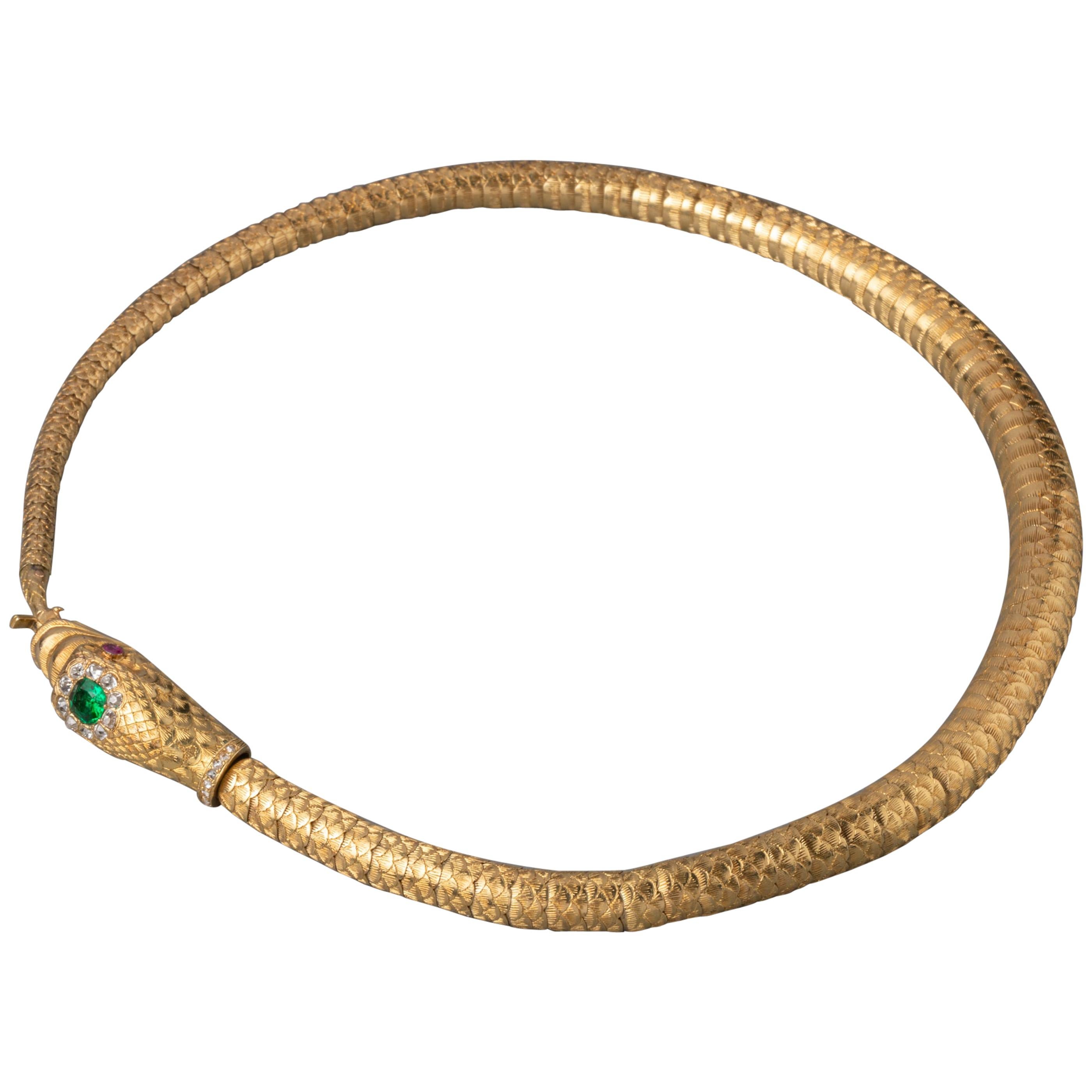 Antique Gold Emerald and Diamonds Snake Necklace