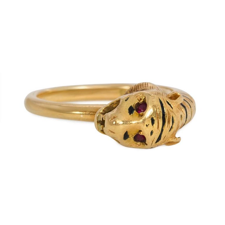 Victorian Antique Gold, Enamel, and Ruby Tiger Head Ring with English Hallmarks For Sale