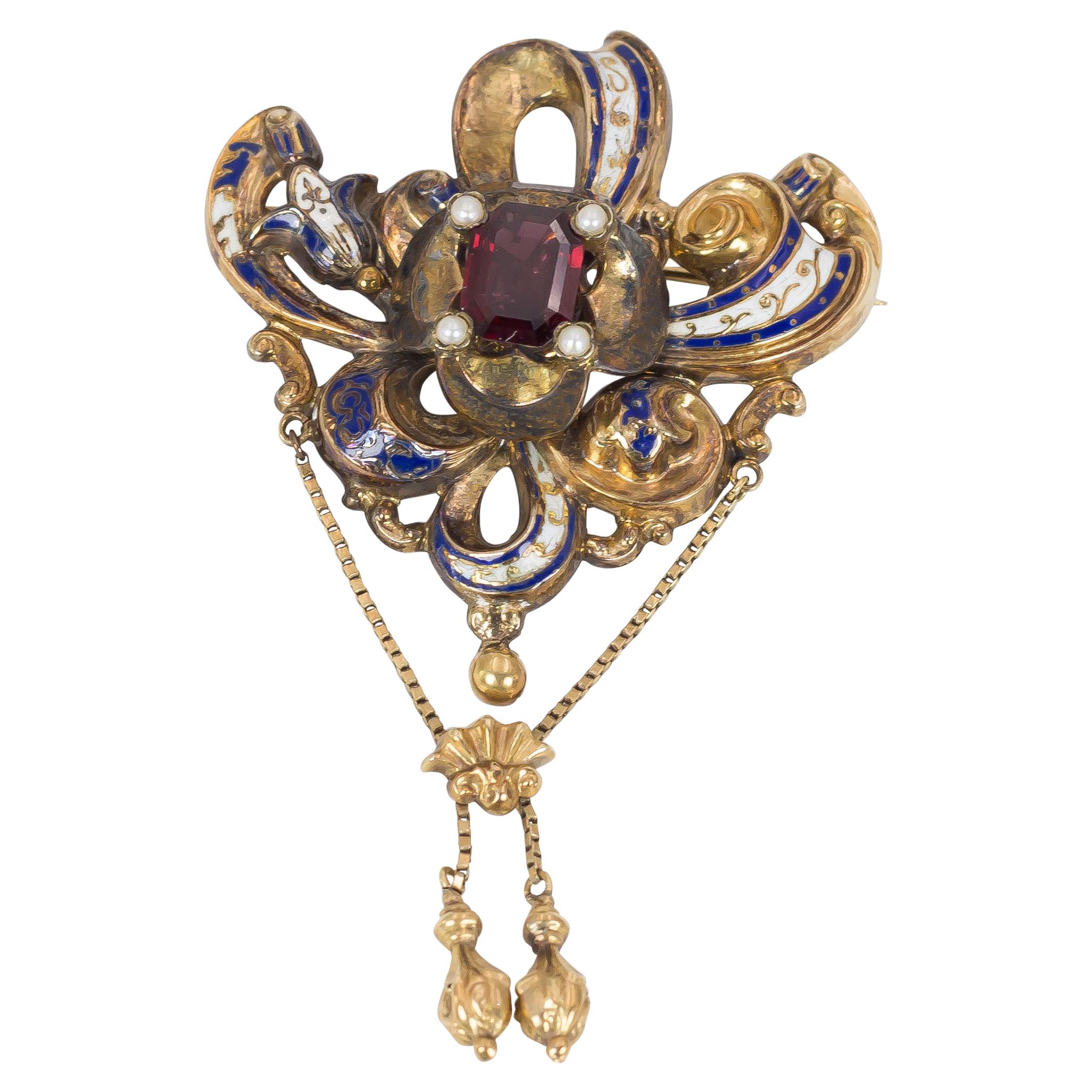 Antique Gold, Enamel, Bead and Garnet Brooch, Second Half of the 19th Century For Sale