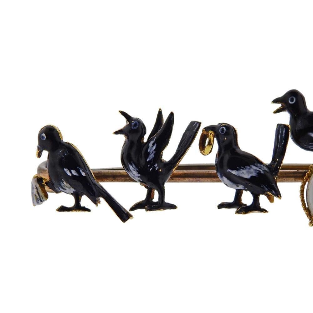 Antique Gold Enamel Bird Large Brooch In Excellent Condition For Sale In New York, NY