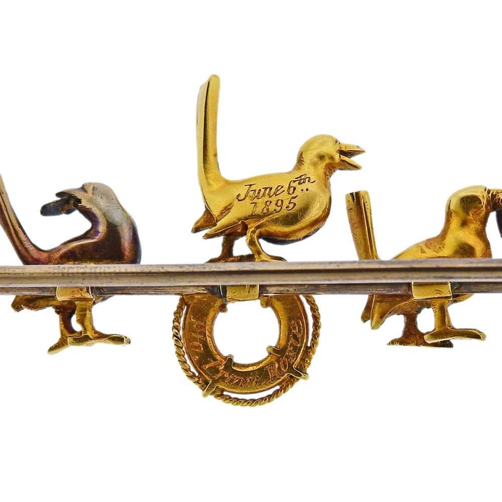 Antique Gold Enamel Bird Large Brooch For Sale 1
