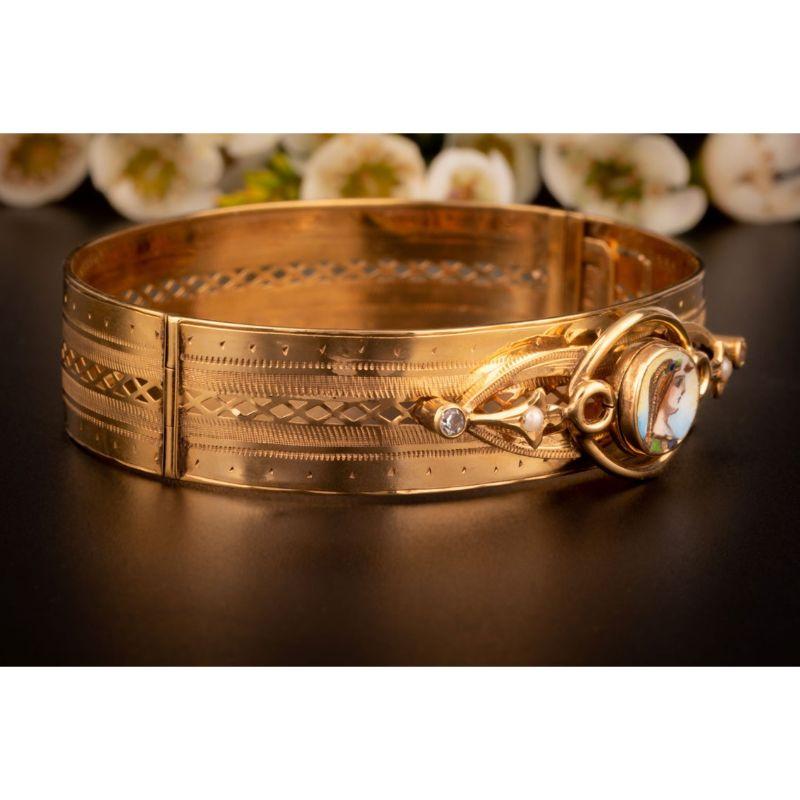 Round Cut Antique Gold Enamel Bracelet, Antique Gold Egyptian Revival Enamel Bracelet