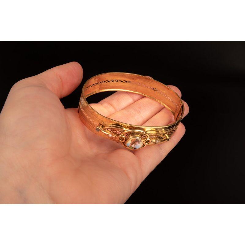 Women's Antique Gold Enamel Bracelet, Antique Gold Egyptian Revival Enamel Bracelet