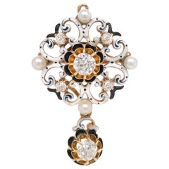 Antique Gold, Enamel, Diamond and Seed Pearl Pendant-Brooch