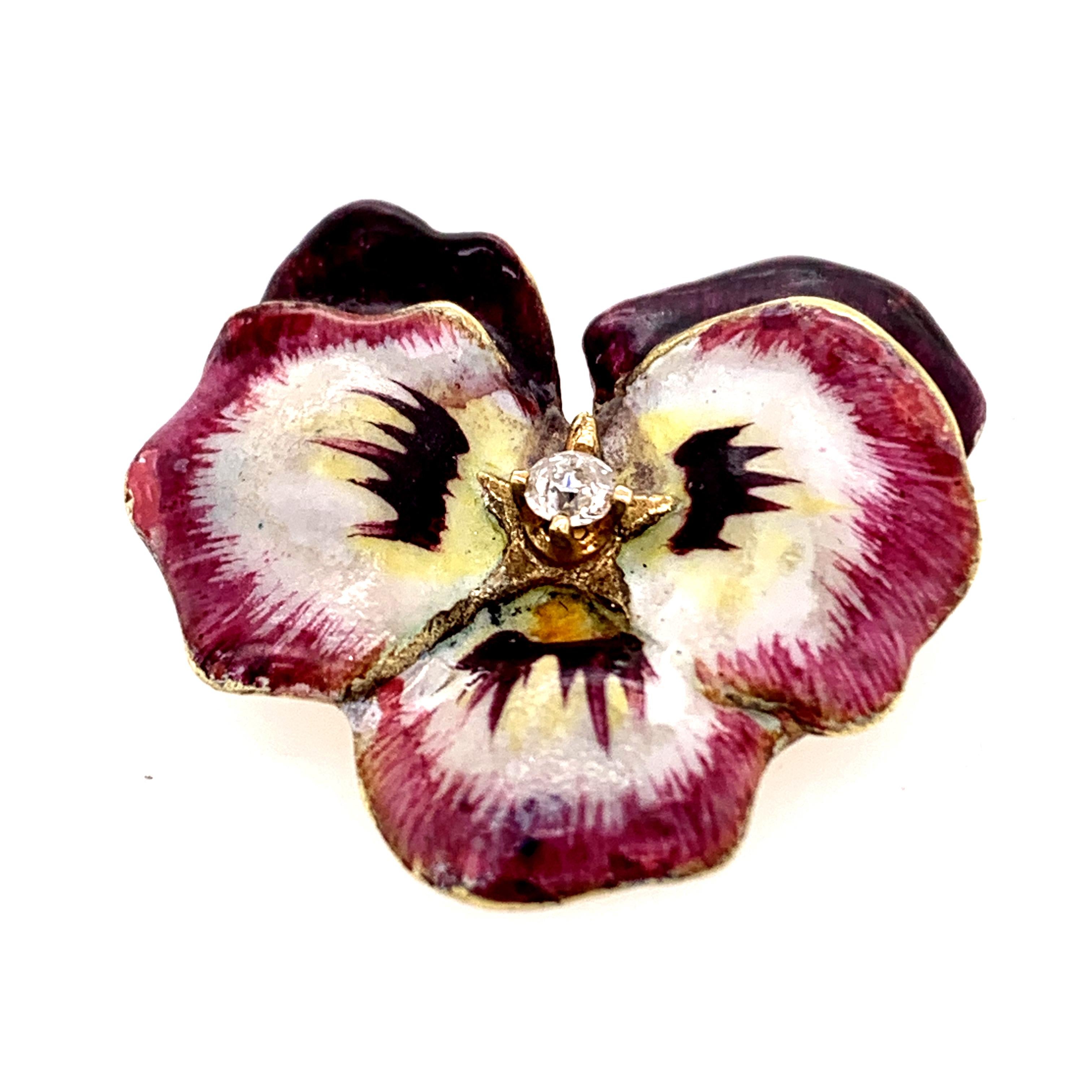 Antique Gold Enamel and Diamond Pansy Pin/Pendant In Good Condition In New York, NY