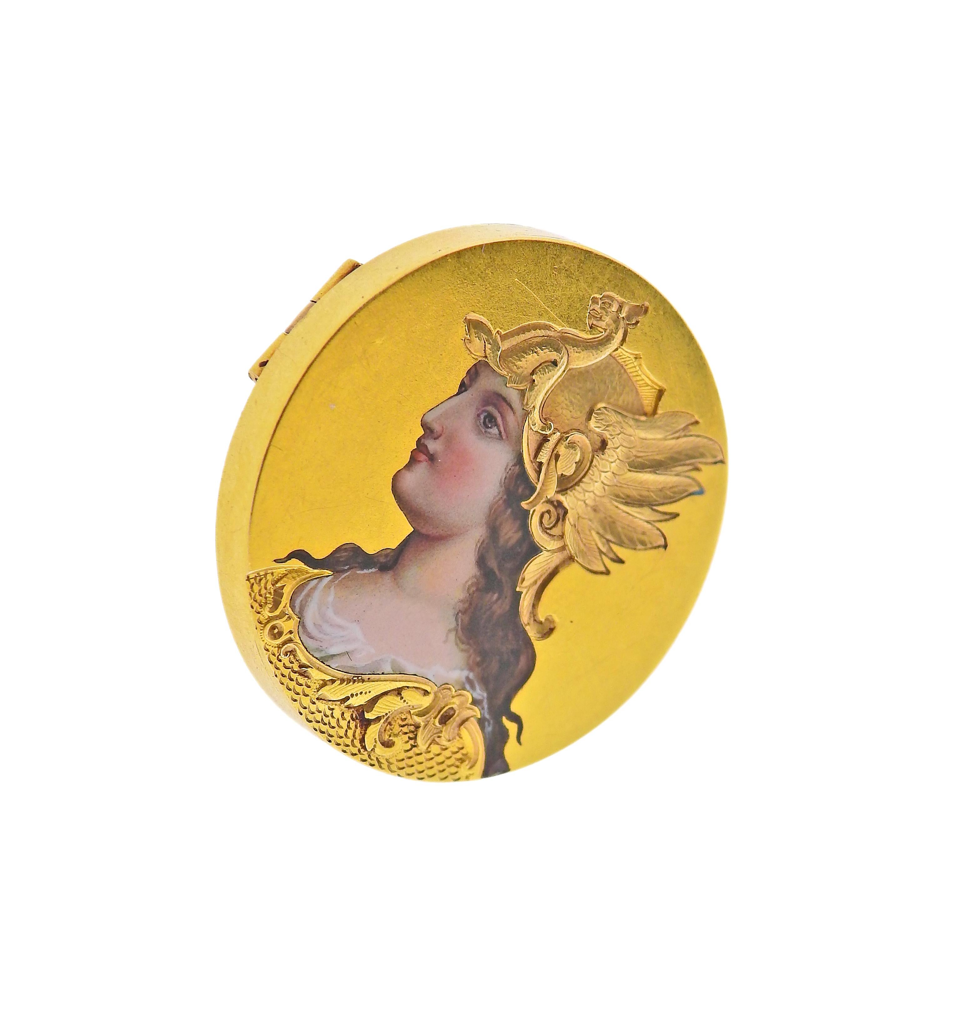 Antique Gold Enamel Hand Painted Miniature Portrait Brooch In Excellent Condition In New York, NY