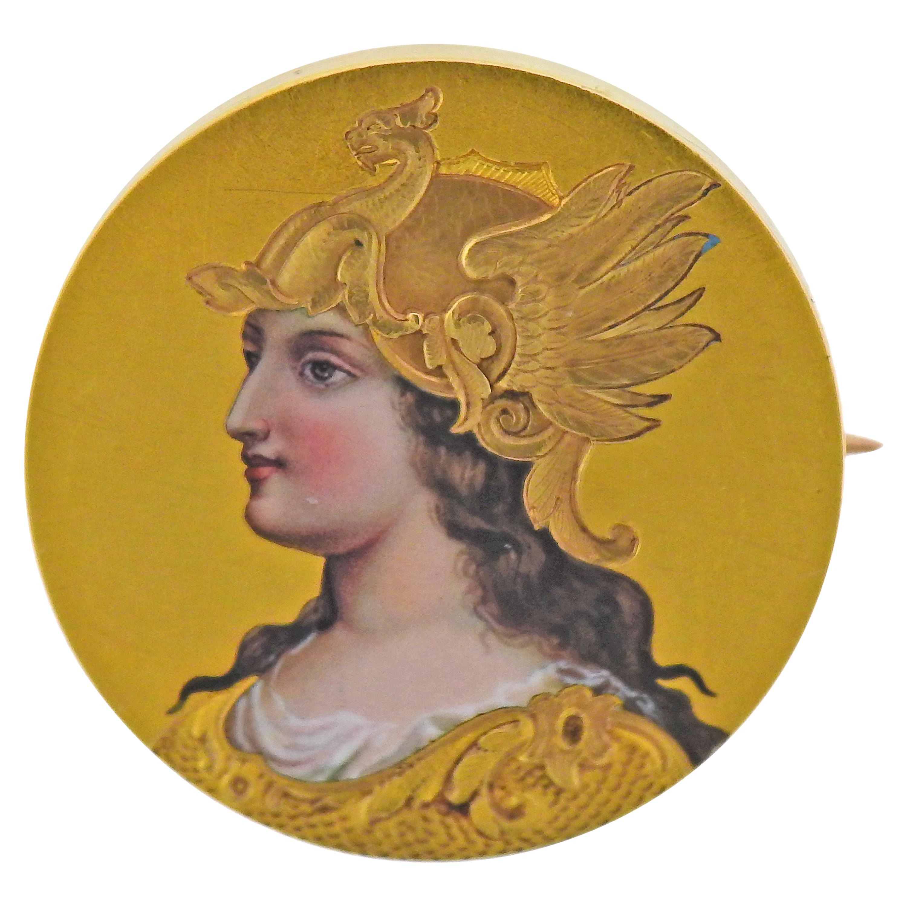 Antique Gold Enamel Hand Painted Miniature Portrait Brooch