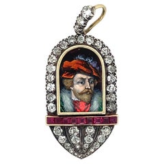 Antique Gold Enamel Portrait of a Man Old Mine Cut Diamonds & Red Ruby Pendant