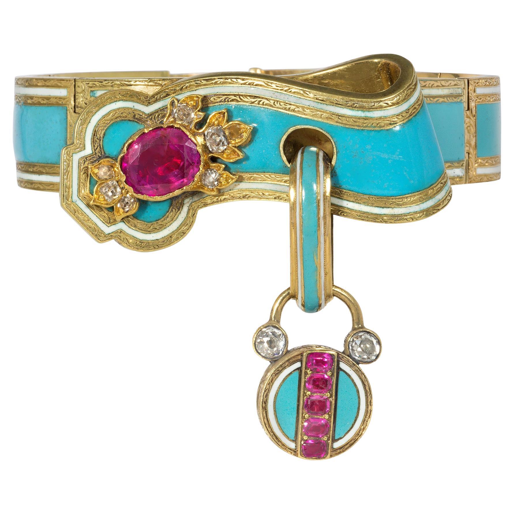Pulsera de liga de oro antiguo, esmalte, rubíes y diamantes con medallón de candado en venta