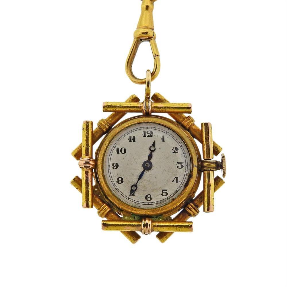 Antique Gold Enamel Watch Pendant Necklace In Good Condition For Sale In New York, NY