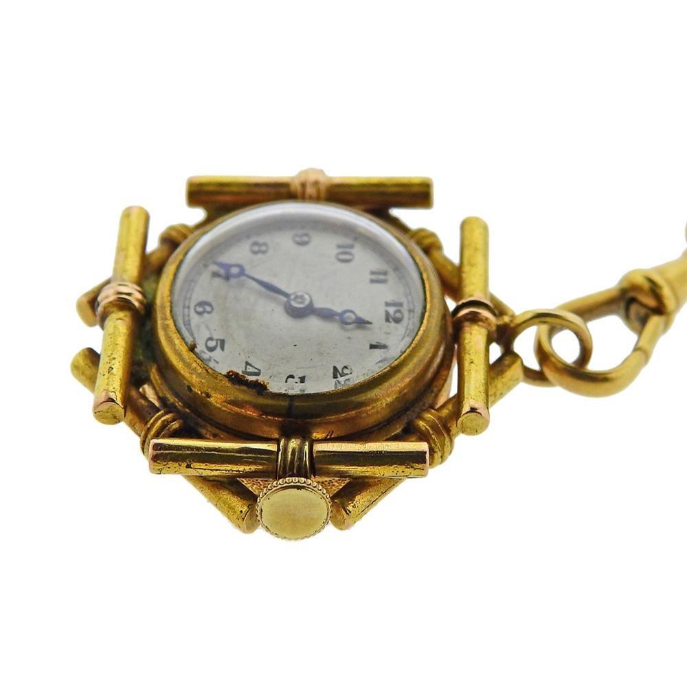 Women's or Men's Antique Gold Enamel Watch Pendant Necklace For Sale